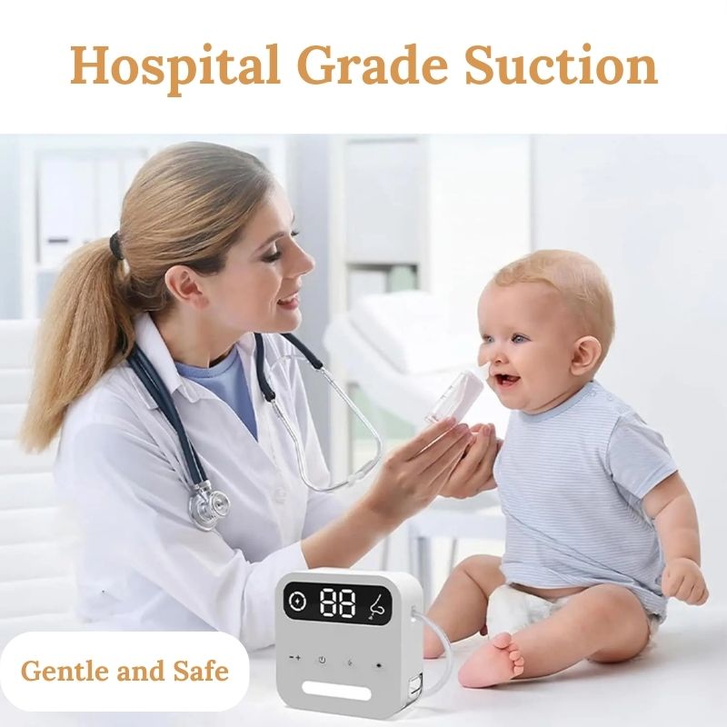 Doctor using the Nasal Aspirator on a baby showing that the Aspirator has a Hospital grade suction and that it is gentle and safe to use in small babies.