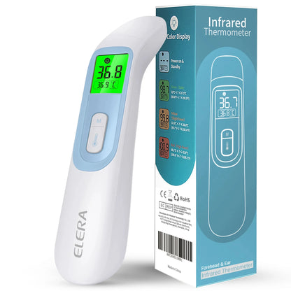 Digital Infrared baby thermometer turned on at 36.8ºC. Visor light in green color and  temperature in black. There is also the last temperature measurement displaying at 36.9ºC. Thermometer laying on the side of it box.