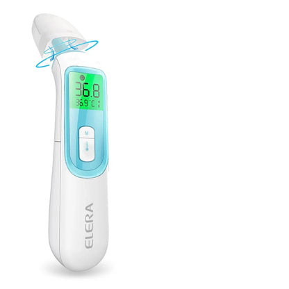 Standing up digital baby thermometer showing how the top protection can be taken off so you can also use it to measure temperature from the ears. 