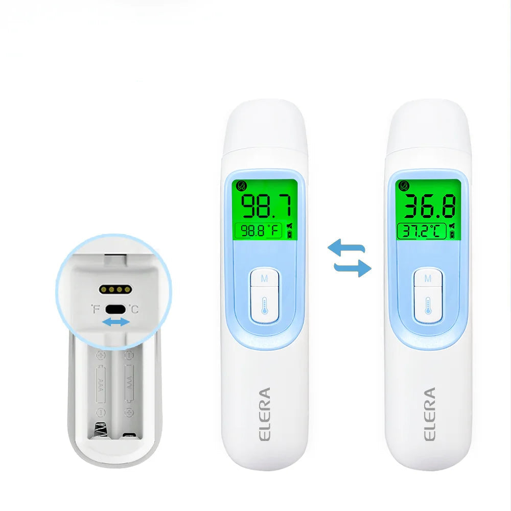 There are two digital baby thermometers where one shows the temperature in ºF and the other in ºC. There is also a zoom on the back of the thermometer showing the switch button to change from and to ºF and ºC.
