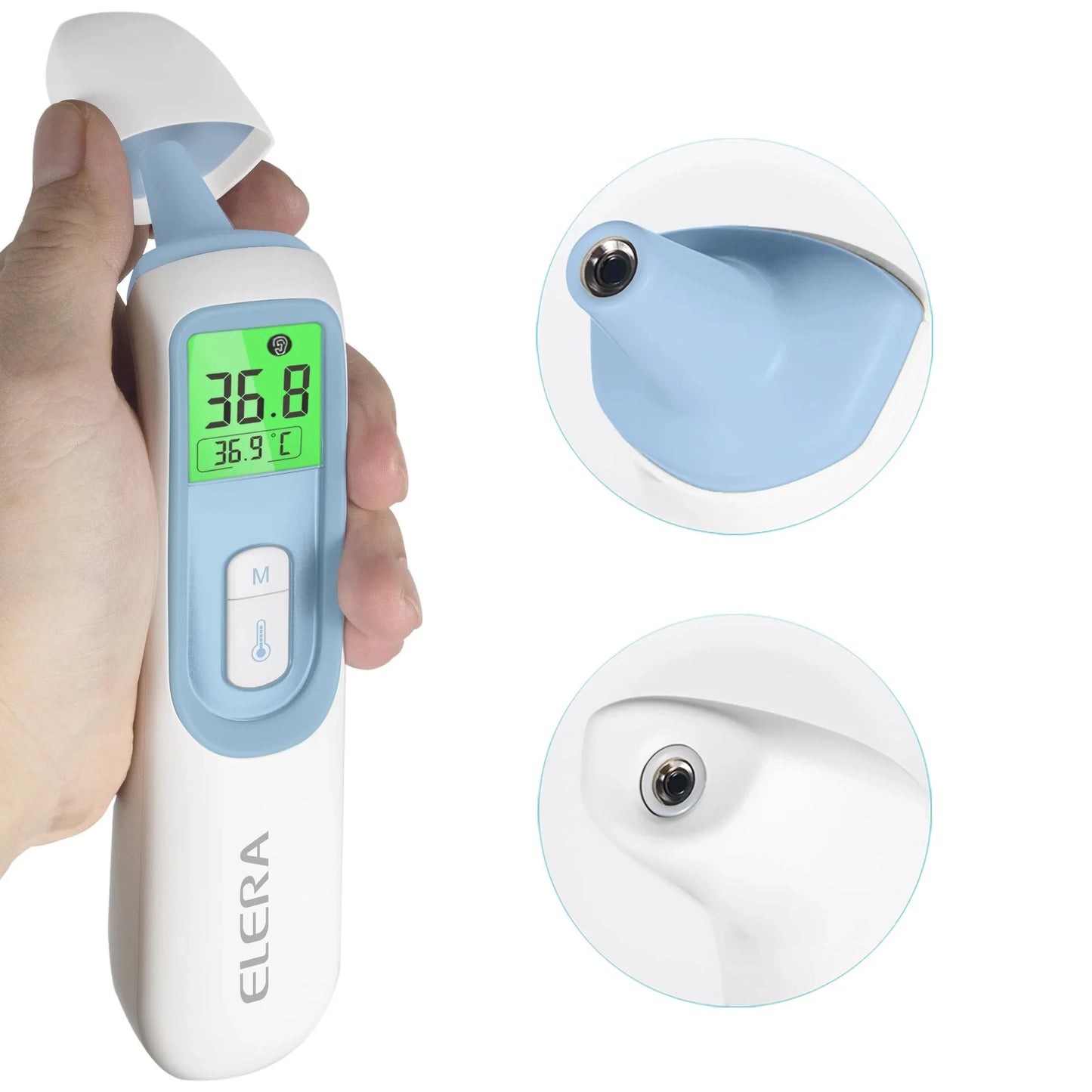 Baby thermometer showing the two infrared's heads, one to measure on the forehead of the baby and one to measure on the baby's ears. There is also a hand holding the thermometer and taking the head off so people understand how you can detach the head and use it both ways.
