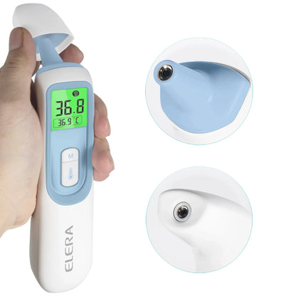 Baby thermometer showing the two infrared's heads, one to measure on the forehead of the baby and one to measure on the baby's ears. There is also a hand holding the thermometer and taking the head off so people understand how you can detach the head and use it both ways.