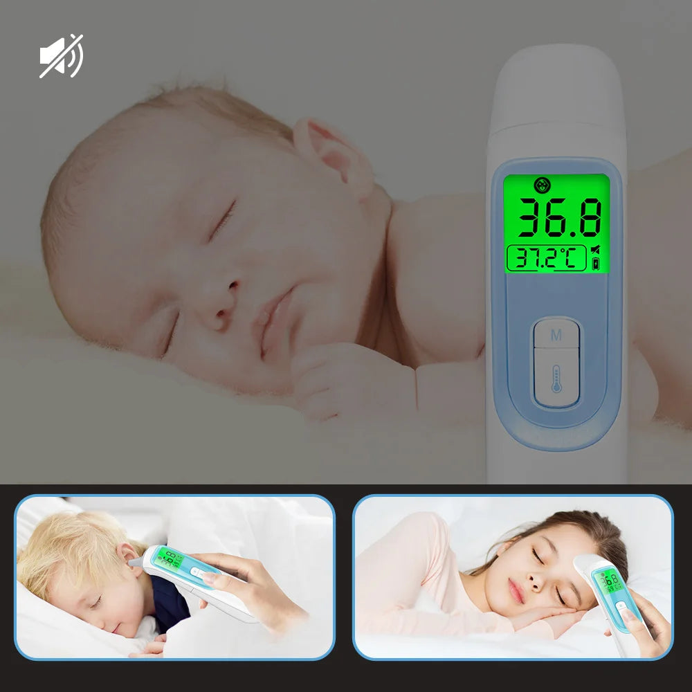 There is a photo of a sleeping baby showing the digital thermometer close by his side with and icom showing that you can take his temperature and use the thermometer on a silence mode. There is also a picture of a sleeping boy getting his temperature checked with the thermometer in his ear and a picture of a girl getting her temperature checked on the forehead. the photo also shows the thermometer can be used in diferent aged kids.