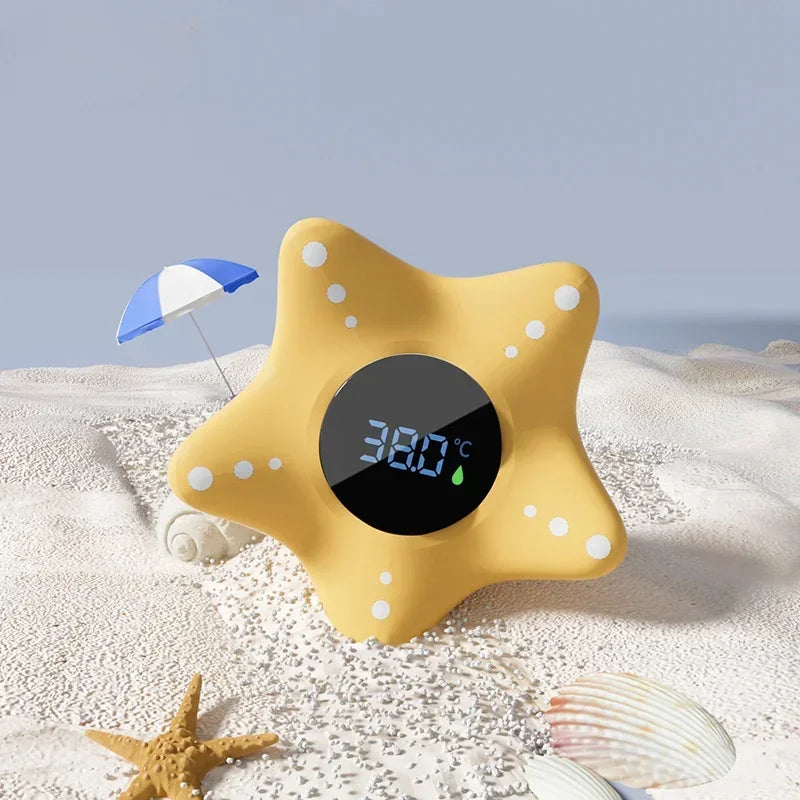 Bath thermometer for newborns, toddlers and young kids in yellow starfish style.