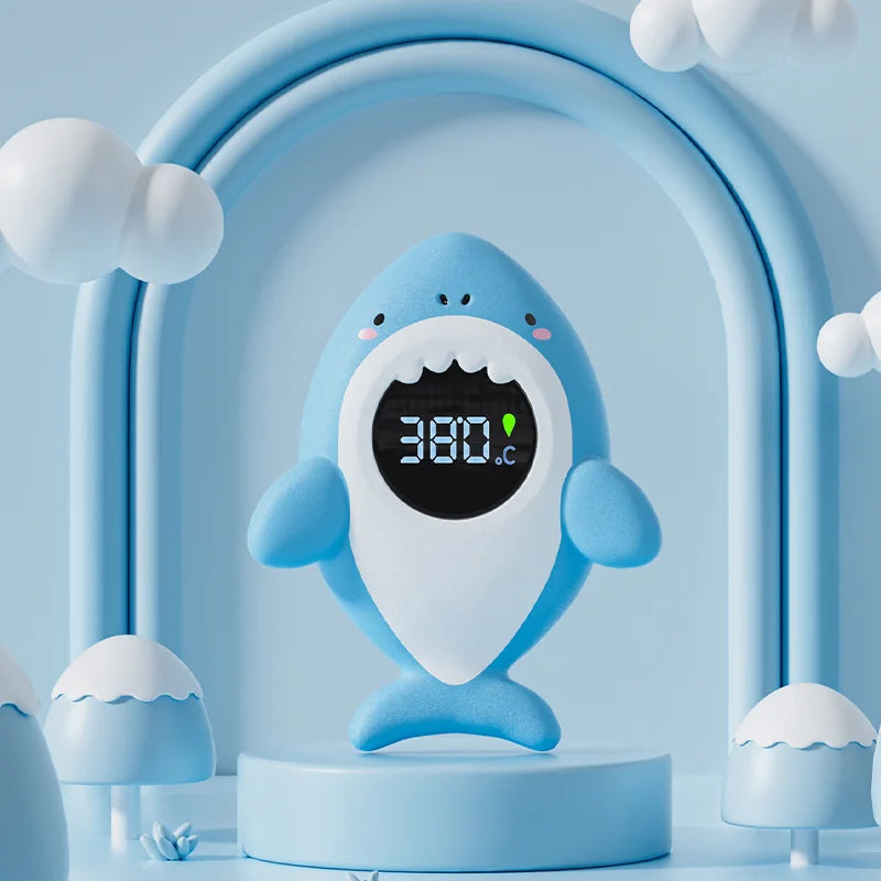 Bath thermometer for newborns, toddlers and young kids in blue shark style.
