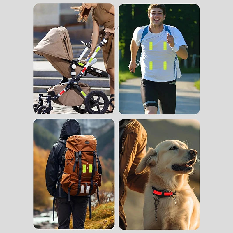 Top left corner have a picture of a stroller with reflective patch on it. There is a mother holding the stroller and touching the baby legs. On top right corner, there is a runner and he has 4 reflective patches on his shirt. On left bottom corner, there is a hiking man with 4 patches attached to his hiking bag and on the bottom right corner there is a dog with a reflective patch attached to it's collar. 